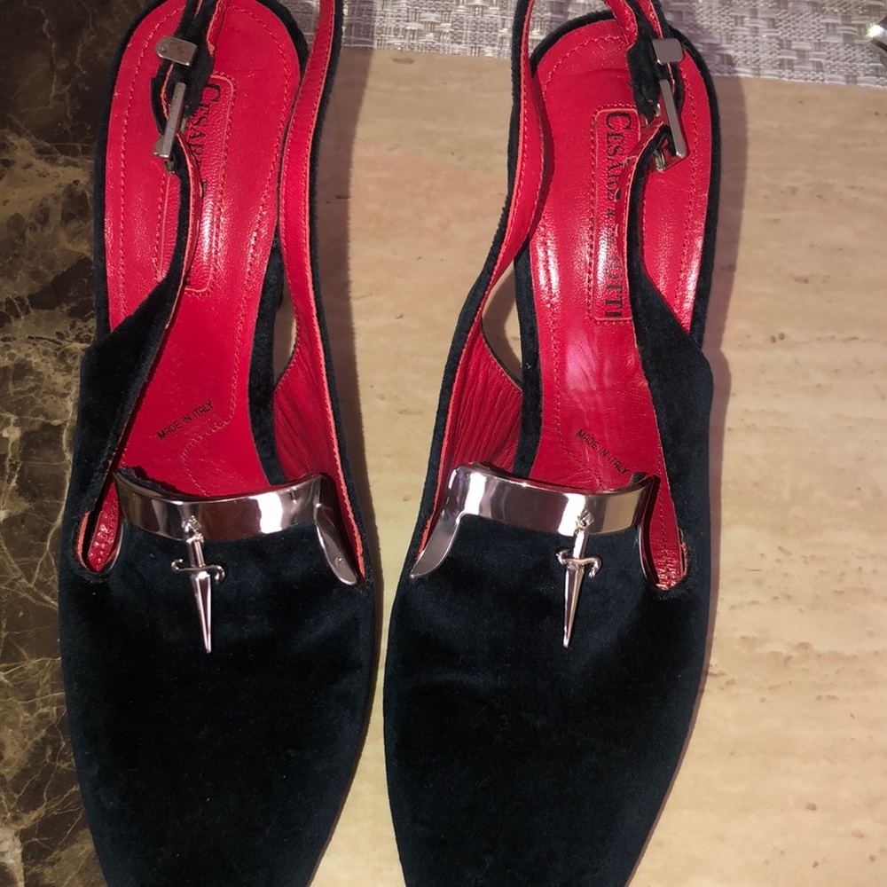 cesare paciotti suede black heels with silver sword